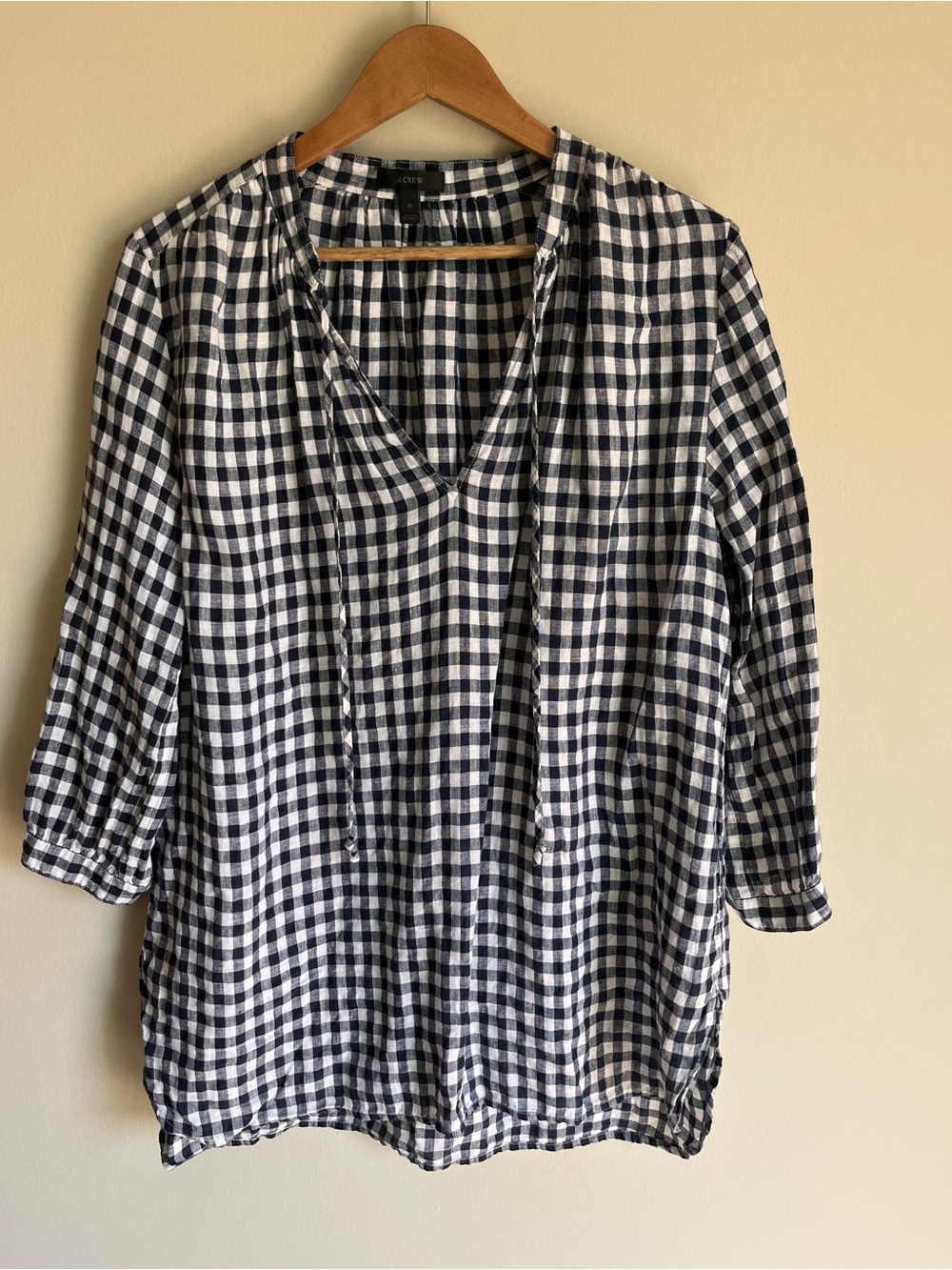 J.Crew Women's V-neck Tunic Gingham 100% Linen Size Medium (M) Preppy Classic
